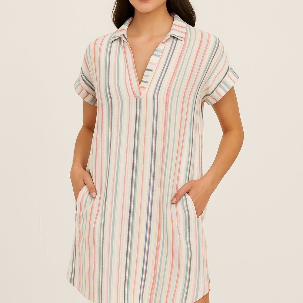 Southern Tide Striped Collared Shirt Dress Short Sleeve Pockets Beachwear Sz S